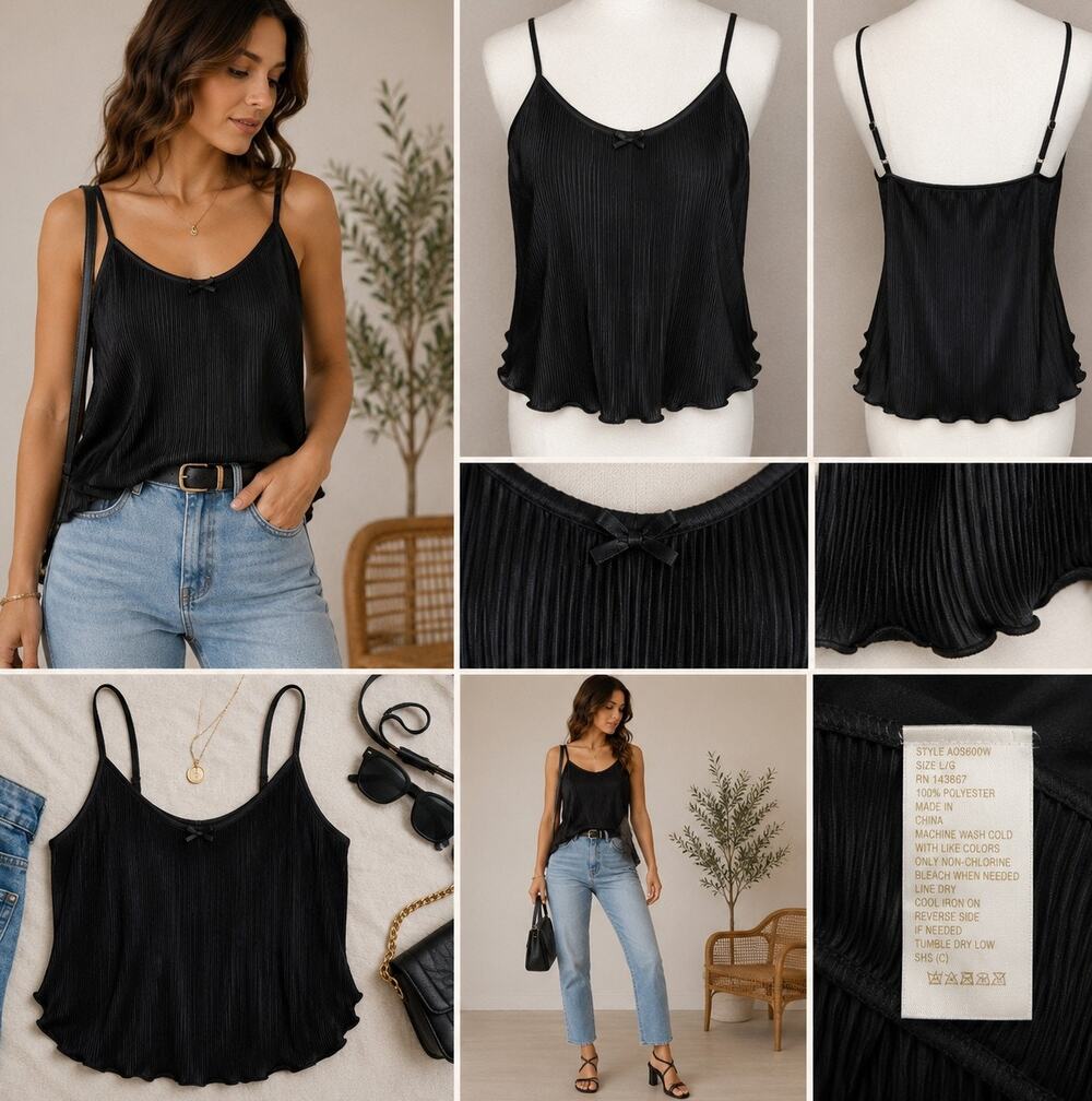 Black Pleated Chiffon Camisole Tank Top Adjustable Straps Women's S/M